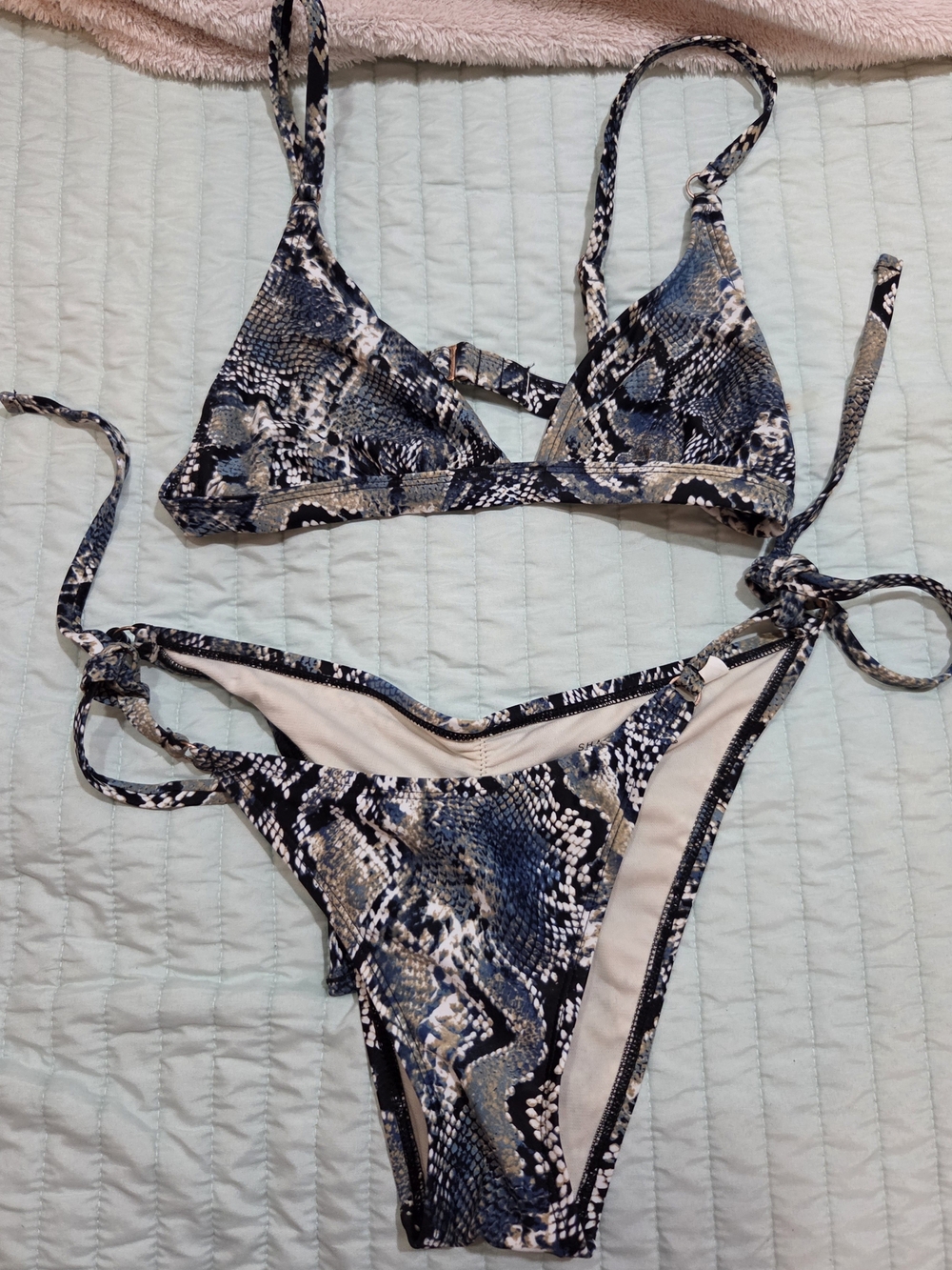 Snake Print Tie-Side Bikini Set - Blue, Black & Cream